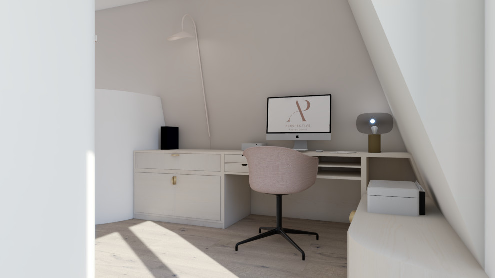 Diseño de despacho nórdico pequeño con paredes rosas, suelo de madera clara, escritorio empotrado y papel pintado