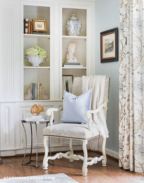 LIVING ROOM WITH Benjamin Moore Quiet Moments Paint Color: pale blue paint color inspiration for a tranquil and serene room.