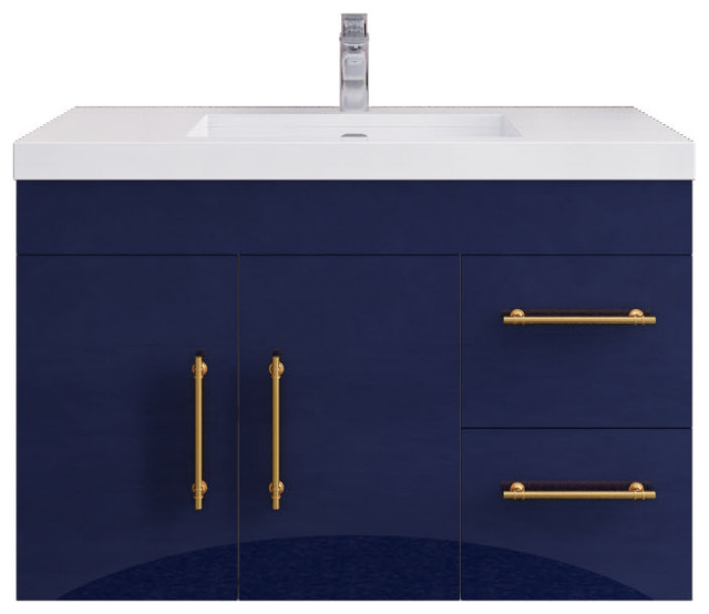 Rosa 36" Wall Mounted Vanity with Reinforced Acrylic Sink (Right Side Drawers), Glossy Night Blue