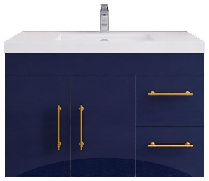 Rosa 36" Wall Mounted Vanity with Reinforced Acrylic Sink (Right Side Drawers), Glossy Night Blue
