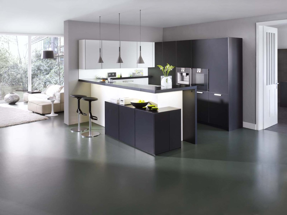 Photo of a modern l-shaped kitchen in Stuttgart with flat-panel cabinets.