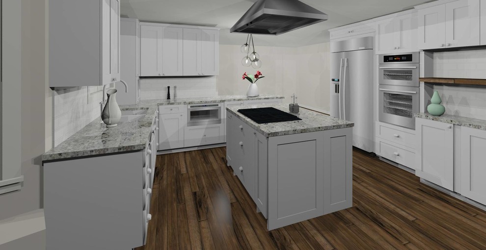 Enclosed kitchen - large transitional dark wood floor enclosed kitchen idea in Phoenix with an undermount sink, shaker cabinets, white cabinets, granite countertops, white backsplash, subway tile backsplash, stainless steel appliances and an island