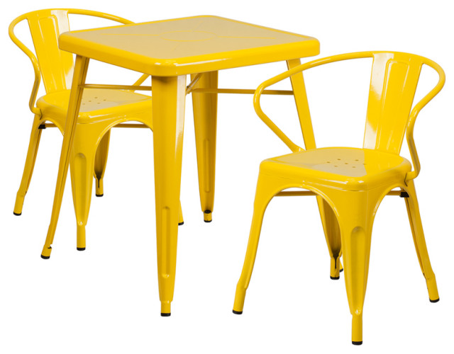 Commercial 23.75" Square Yellow Metal Indoor-Outdoor Table Set,2 Arm Chairs