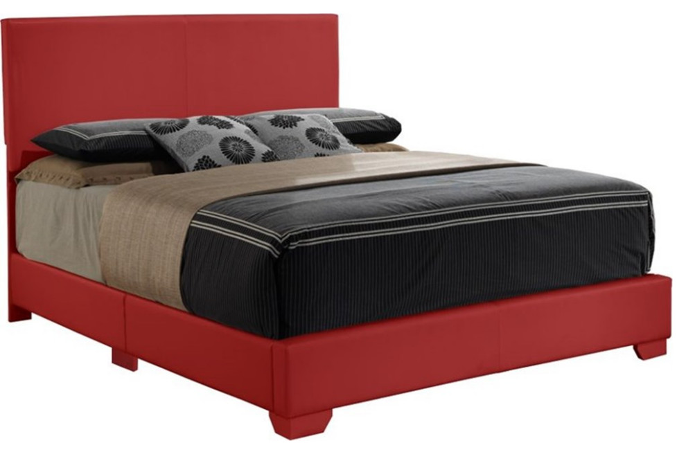 Maklaine Modern Faux Leather Upholstered Queen Bed in Dark Red