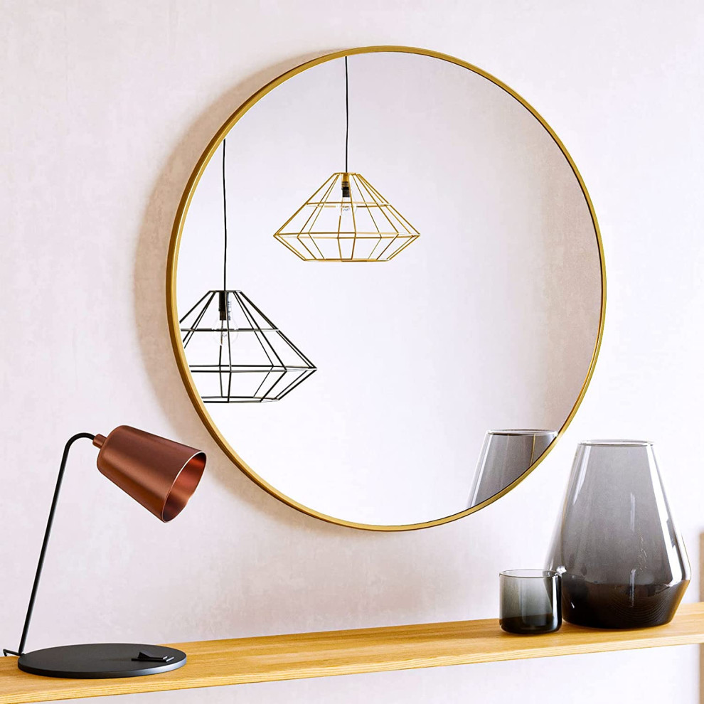 16 Inch Round Mirror with Gold Metal Frame Transitional Bathroom