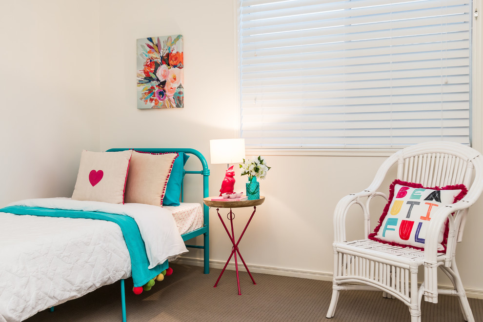 Inspiration for a contemporary kids' room for girls in Brisbane with white walls and carpet.
