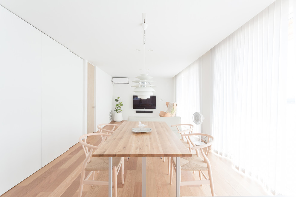Scandinavian dining room in Other with white walls and light hardwood floors.