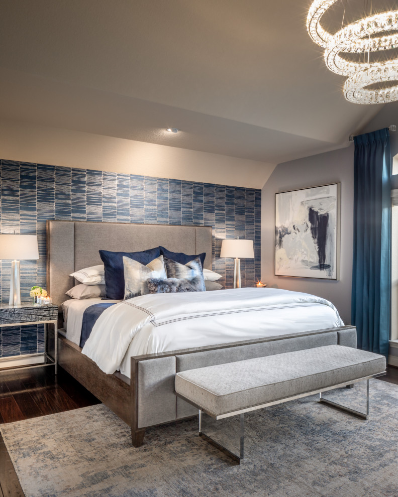 Design ideas for a mid-sized modern master bedroom in Houston with grey walls, dark hardwood floors and wallpaper.