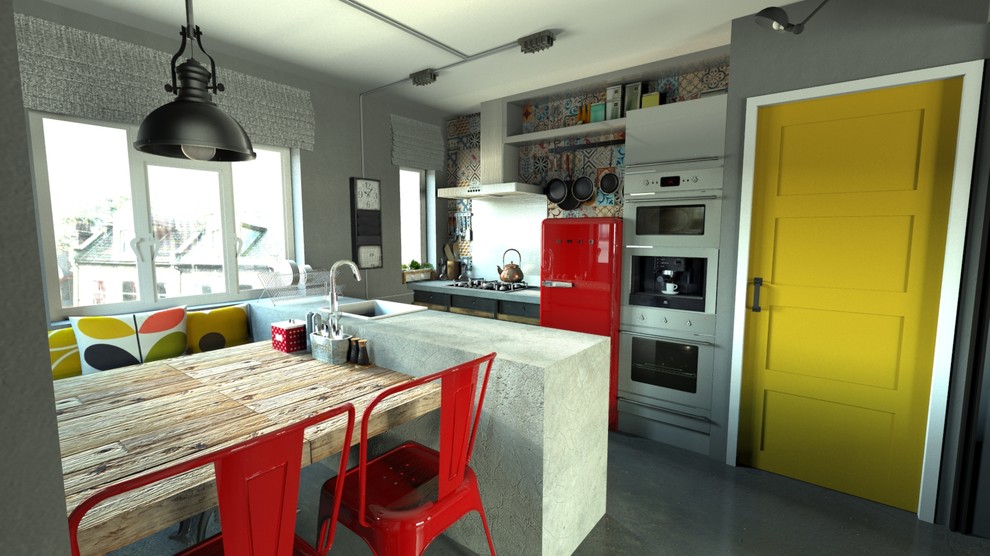 Photo of a small industrial eat-in kitchen in London with a farmhouse sink, open cabinets, concrete benchtops, multi-coloured splashback, ceramic splashback, stainless steel appliances, concrete floors and with island.