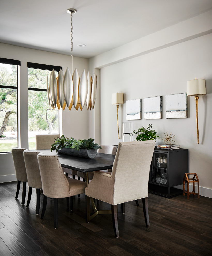 Transitional separate dining room in Austin with white walls, dark hardwood floors, no fireplace and brown floor.