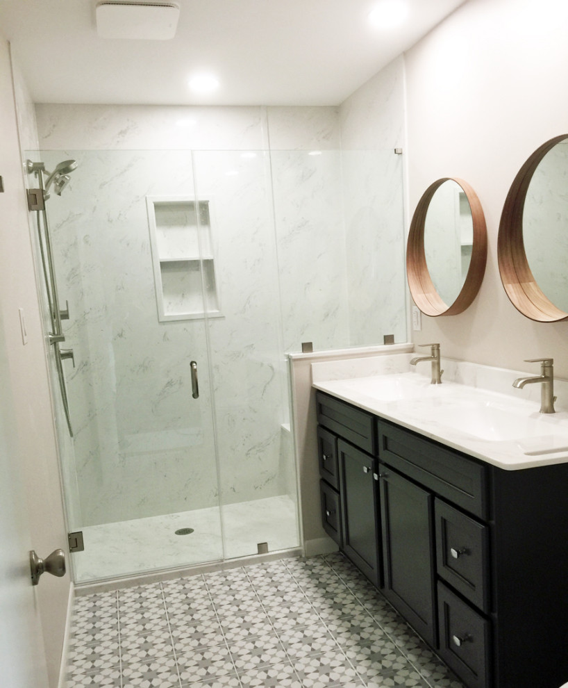 Photo of a mid-sized contemporary bathroom in Philadelphia with recessed-panel cabinets, brown cabinets, a curbless shower, a one-piece toilet, white tile, marble, white walls, a console sink, marble benchtops, white floor, a hinged shower door, white benchtops, a double vanity and a built-in vanity.