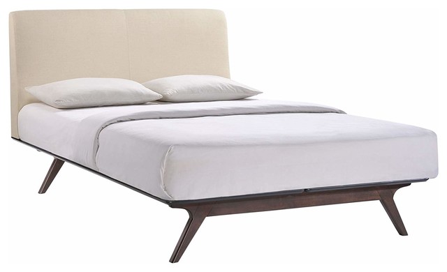 Mid-Century Modern Queen Size Bed Frame, Sturdy MDF and Wood Platform
