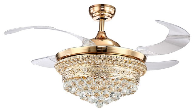 Crystal Led Ceiling Fan With Foldable Blades Gold Contemporary Crystal Led Ceiling Fan With Foldable Blades Gold Warm White