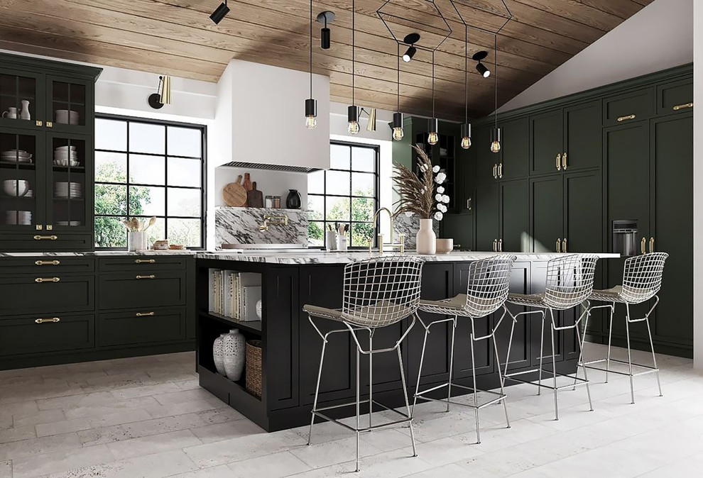 Inspiration för ett flerfärgad flerfärgat kök, med skåp i shakerstil, gröna skåp, bänkskiva i kvarts, en köksö och grått golv