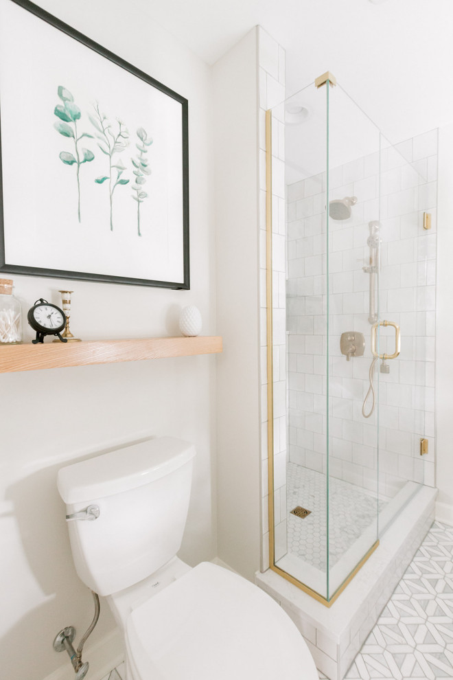 Mid-sized transitional master white tile and porcelain tile porcelain tile and white floor alcove bathtub photo with shaker cabinets, green cabinets, gray walls, an undermount sink, quartz countertops, a hinged shower door and white countertops