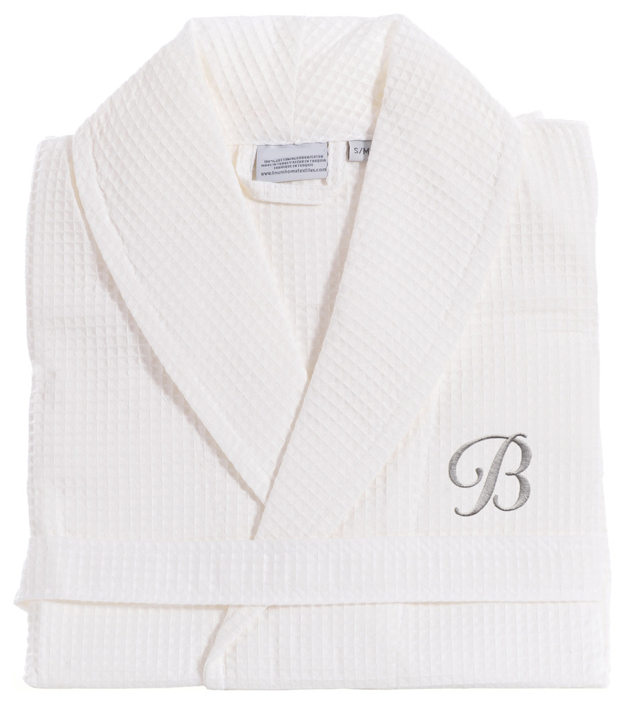 White Unisex Waffle Weave Monogram Bathrobe With Navy Font