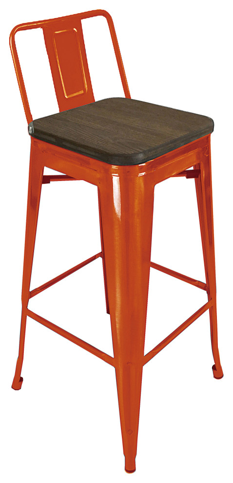 Metal Bar Stool With Backrest and Wood Seat, Set of 4, Orange