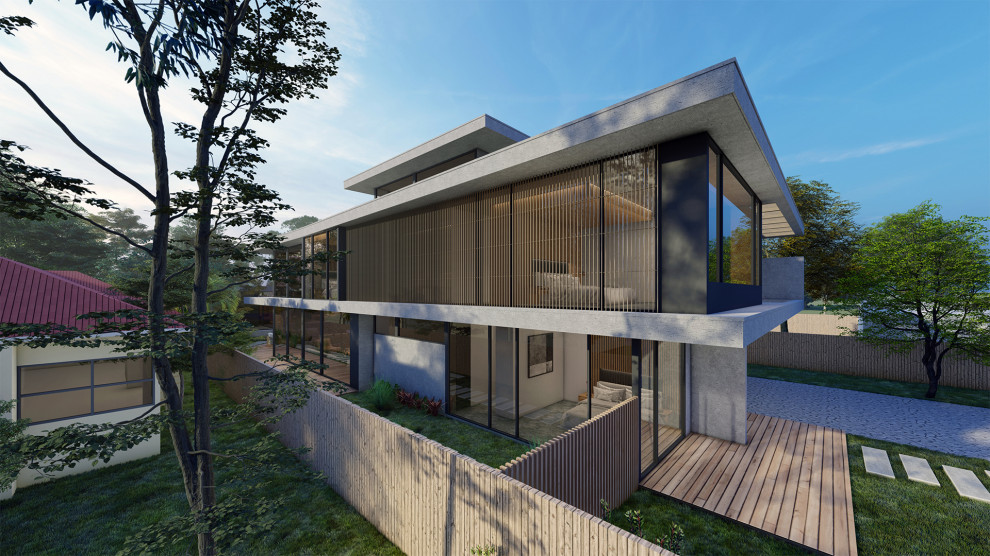 Large beach style three-storey concrete house exterior in Geelong with a flat roof.