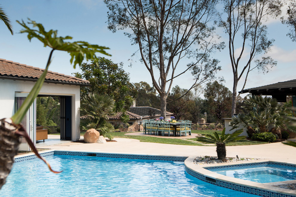 Inspiration for a large transitional backyard concrete and custom-shaped natural pool house remodel in Los Angeles