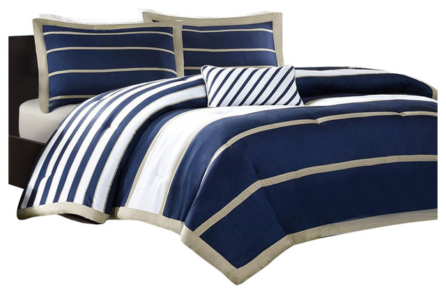 Twin Twin Xl Comforter Set In Navy White Khaki Stripes