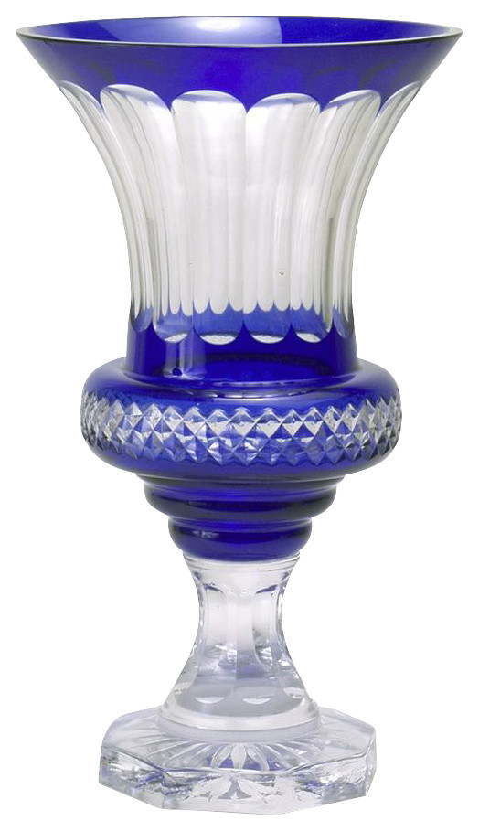 Footed Glass Vase in Clear & Cobalt Blue