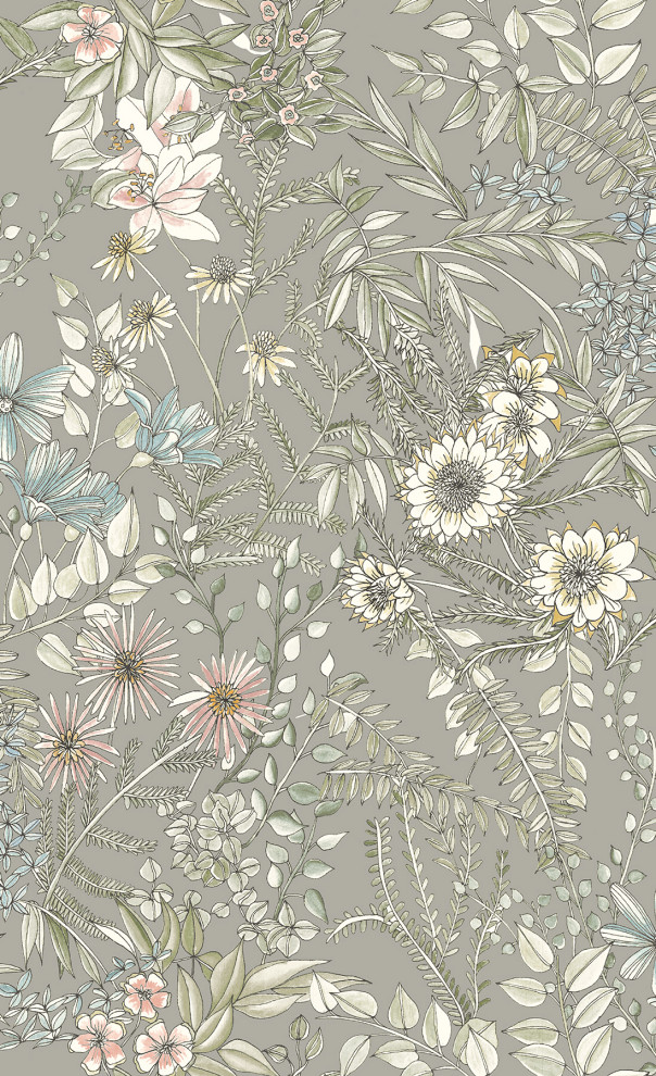 Full Bloom Beige Floral Wallpaper, Sample - Contemporary - Wallpaper