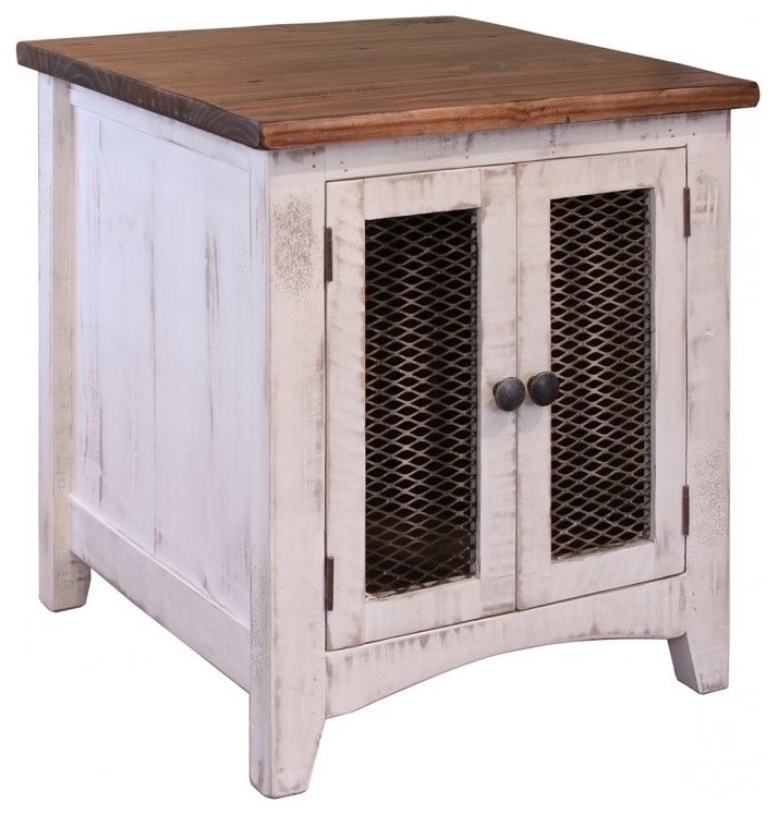 Greenview White Solid Pine Wood End Table, 2 Mesh Doors