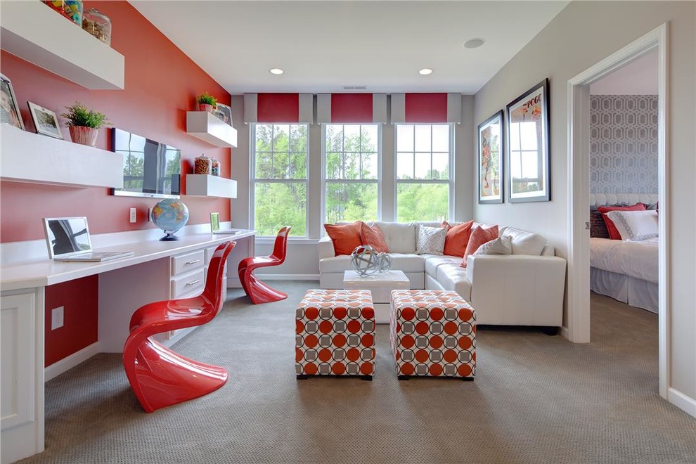 M/I Homes of Raleigh: South Lakes - Beech Model - Kids' study room - study space traditional gender-neutral carpeted kids' study room idea in Raleigh with multicolored walls