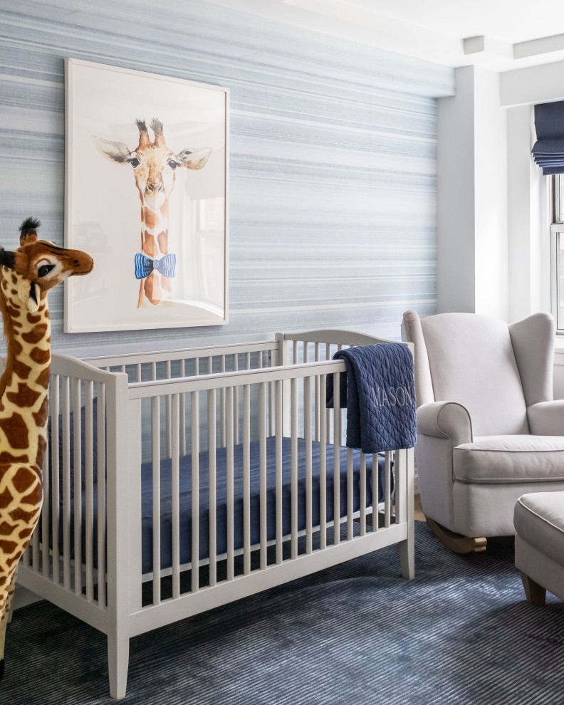 Photo of a large transitional nursery for boys in Miami with white walls.