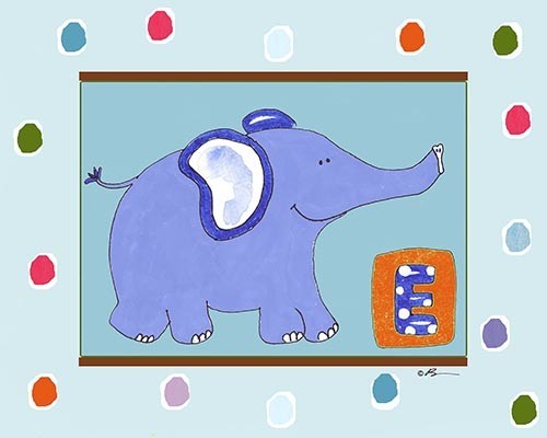 E is for Elephant in Blue, Ready To Hang Canvas Kid's Wall Decor, 8 X 10