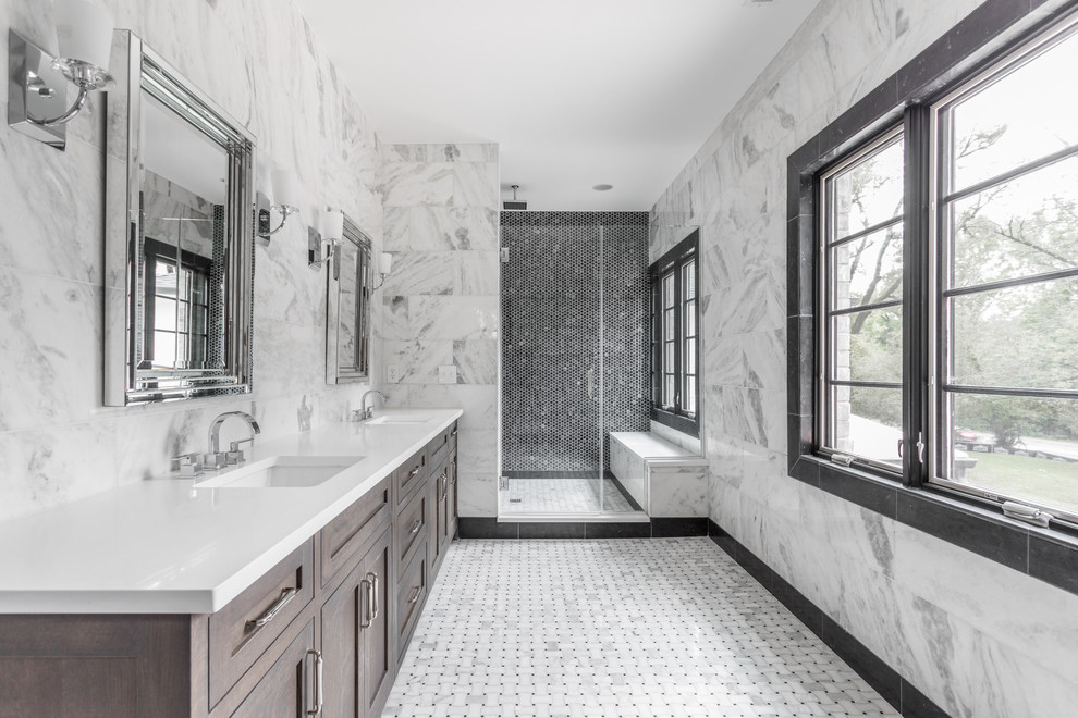 This is an example of an expansive transitional master bathroom in Indianapolis with shaker cabinets, dark wood cabinets, an alcove shower, white tile, mosaic tile floors, an undermount sink, white floor, a hinged shower door, multi-coloured walls, quartzite benchtops and white benchtops.