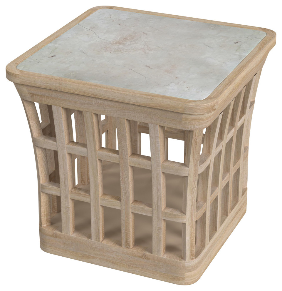 Monhegan Outdoor Teak and Marble End Table Farmhouse Outdoor Side