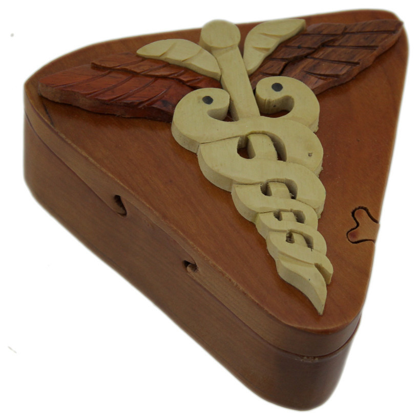 Caduceus Staff of Hermes Hand Crafted Wooden Trinket/Puzzle Box