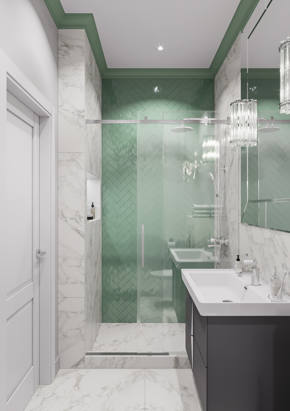 Дизайн интерьера в неоклассике с зелеными акцентами