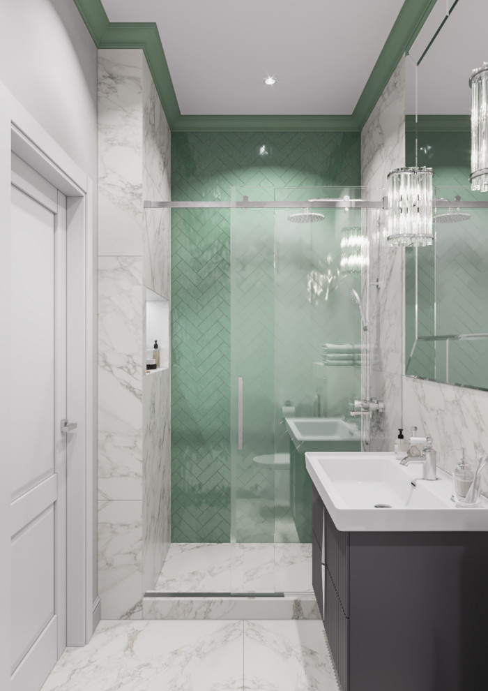 Дизайн интерьера в неоклассике с зелеными акцентами