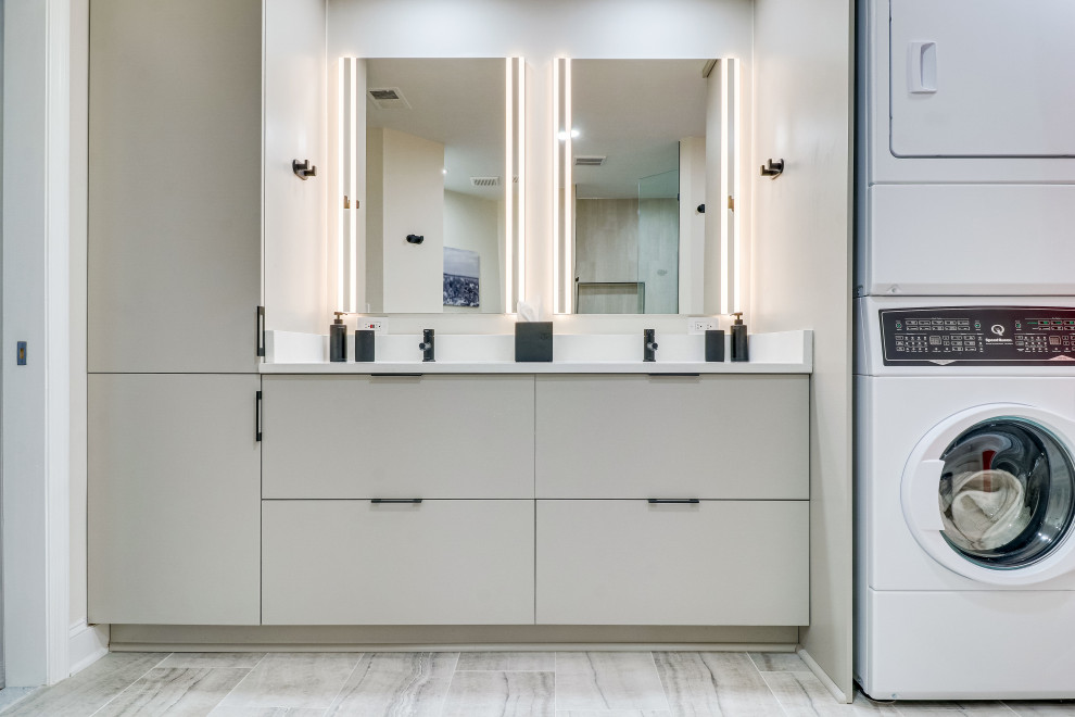 Inspiration for a large contemporary master bathroom in DC Metro with a curbless shower, a bidet, an undermount sink, engineered quartz benchtops, an open shower, a laundry, a double vanity and a built-in vanity.