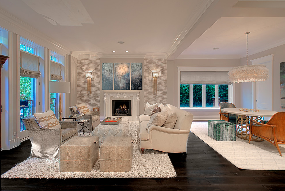 Design ideas for a mid-sized transitional formal open concept living room in Chicago with white walls, dark hardwood floors, a standard fireplace, a stone fireplace surround and brown floor.
