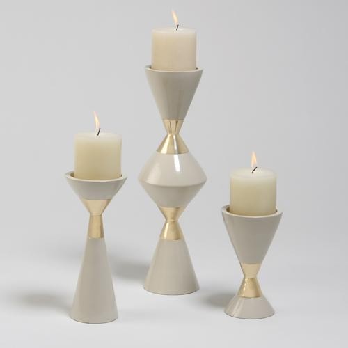 Global Views S-3 Hourglass Pillar Candleholders-Cream with Gold