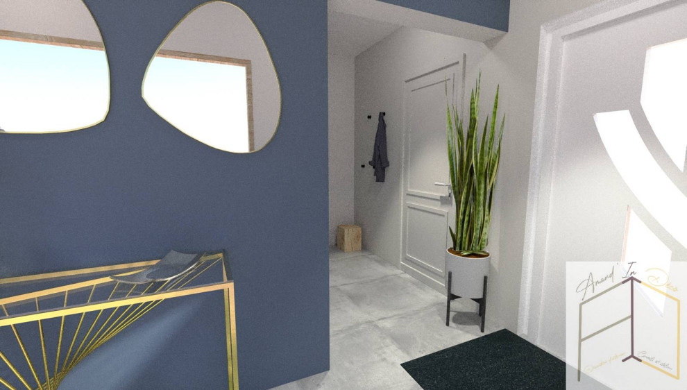 Mid-sized contemporary entry hall in Strasbourg with blue walls, ceramic floors, a single front door, a white front door, grey floor and wallpaper.