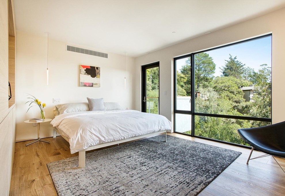 Photo of a contemporary bedroom in San Francisco with white walls and light hardwood floors.