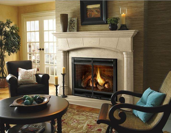 Traditional open concept living room in Minneapolis with beige walls, a standard fireplace and a concrete fireplace surround.