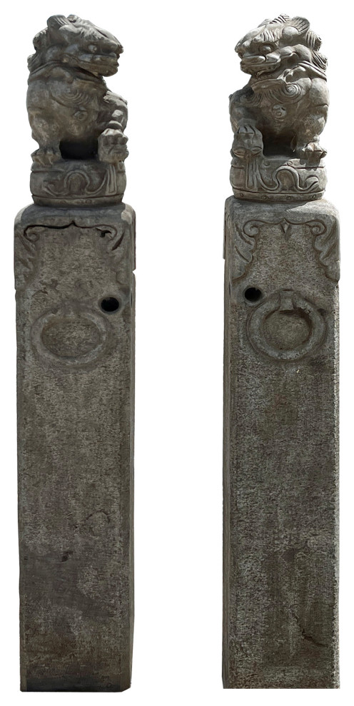 Chinese Pair Gray Stone Fengshui Foo Dogs Lion Slim Pole Statues Hcs7665