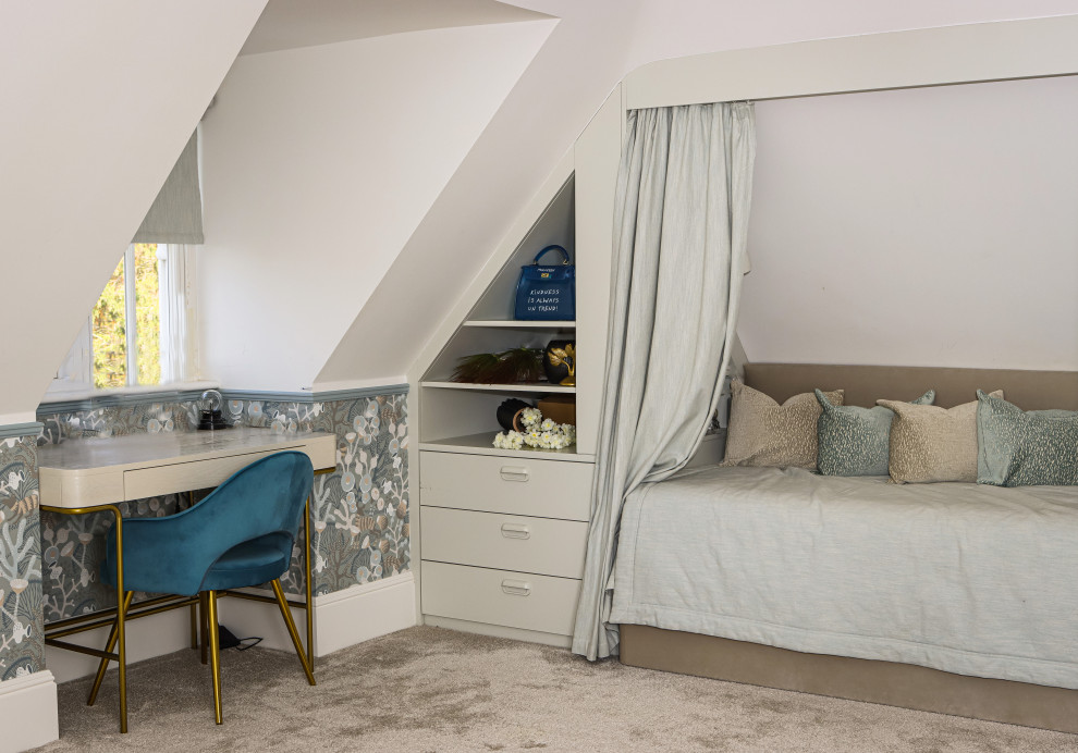 Inspiration for a medium sized contemporary teen’s room for girls in London with multi-coloured walls, carpet, beige floors, wallpapered walls and a dado rail.