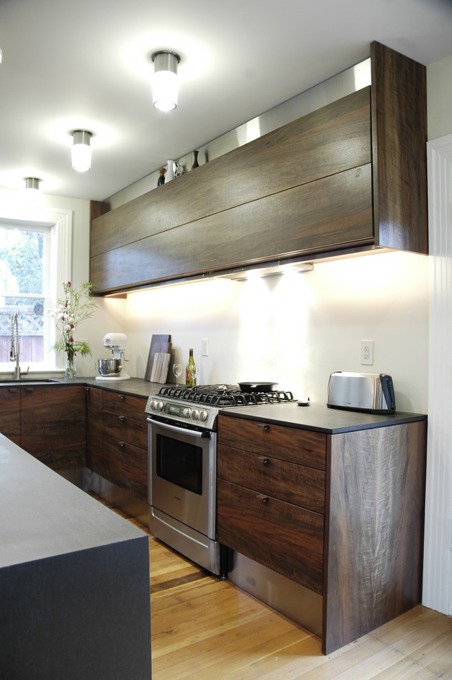 Industrial kitchen in Portland with stainless steel appliances.
