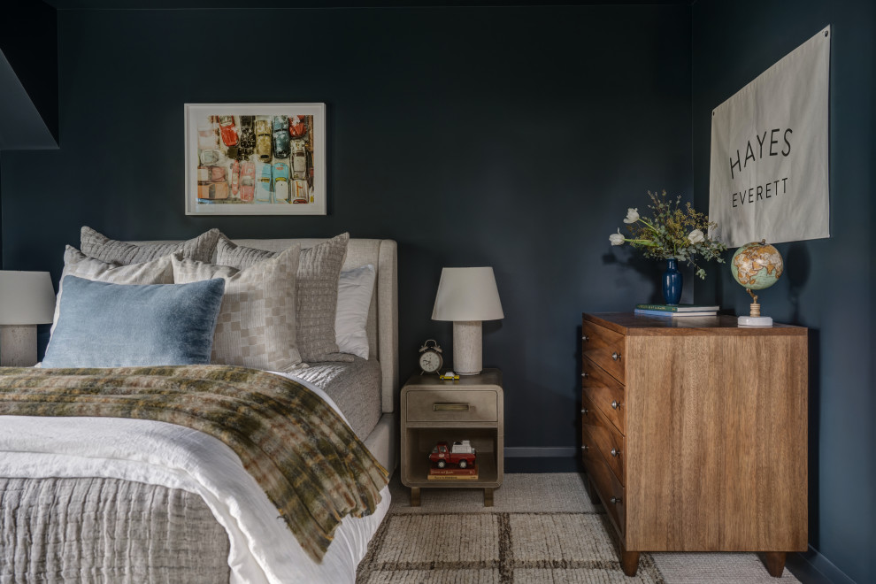 Kids' bedroom - transitional boy dark wood floor and brown floor kids' bedroom idea in Seattle with blue walls