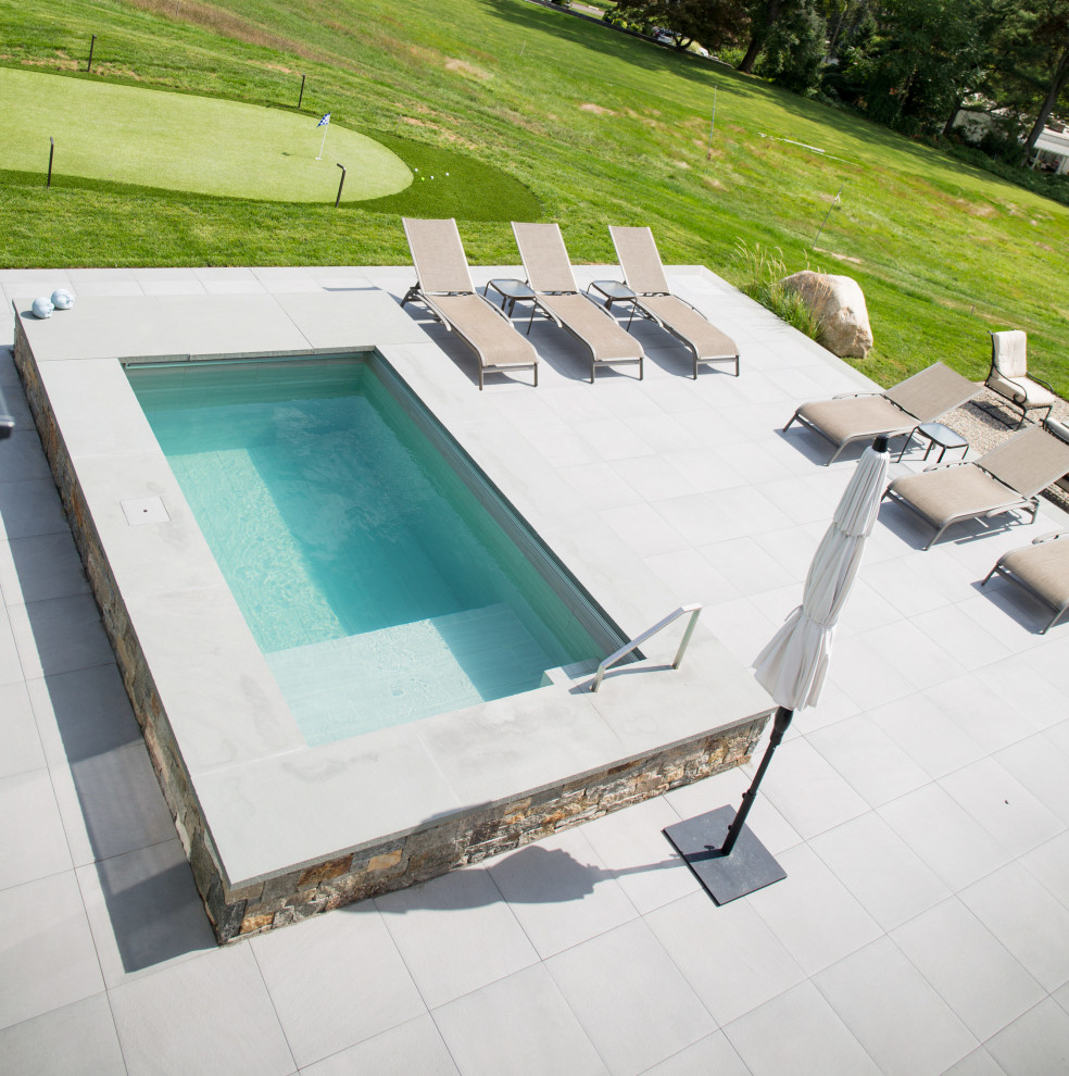 Esempio di una piscina fuori terra minimal rettangolare di medie dimensioni e nel cortile laterale con pavimentazioni in cemento