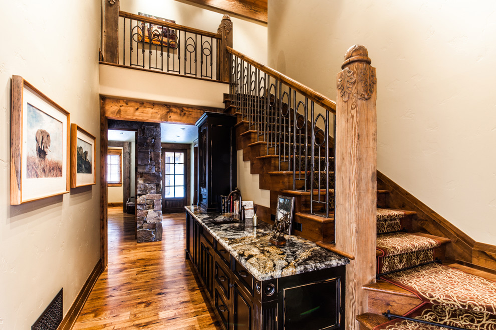 Staircase - large rustic wooden straight staircase idea with wooden risers