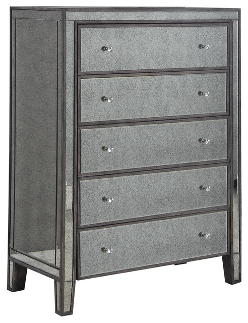 Gray Brown With Antique Mirror 5 Drawer Chest Transitional