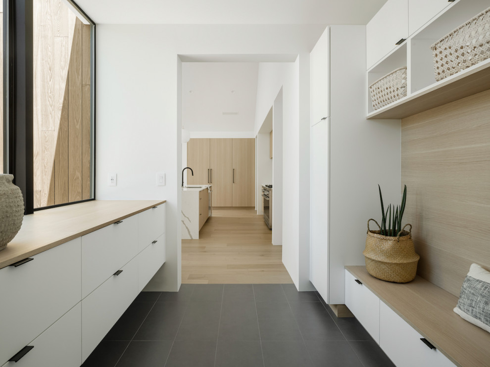 Foto de vestíbulo posterior minimalista de tamaño medio con paredes blancas, suelo de baldosas de porcelana y suelo gris