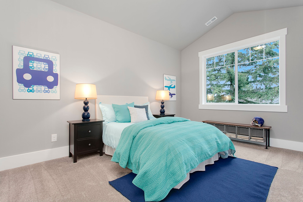 Photo of a large transitional kids' room for boys in Seattle with grey walls and carpet.